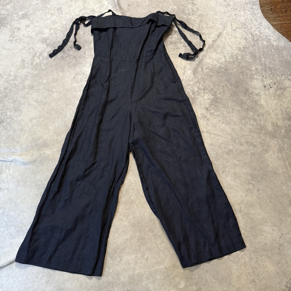 Fifteen Twenty Jumpsuit Womens Sz 8 Black 100% Linen Sleeveless Wide Leg Strappy